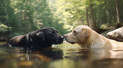 Obraz premium Two Labrador Retriever dogs, one black and one yellow, touching noses while swimming in a tranquil river in a summer forest