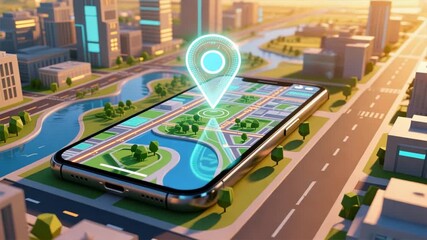 A smartphone on digital city grid with glowing holographic marker on it, symbolizing route optimization software, route planner, route software - Powered by Adobe