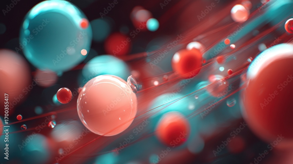 Poster abstract background with floating red and blue glossy spheres in dynamic motion with connecting line