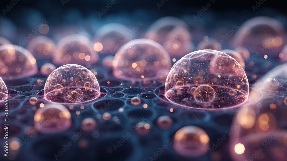 Poster abstract scientific background with luminous cellular structures and glowing particles in a microsco