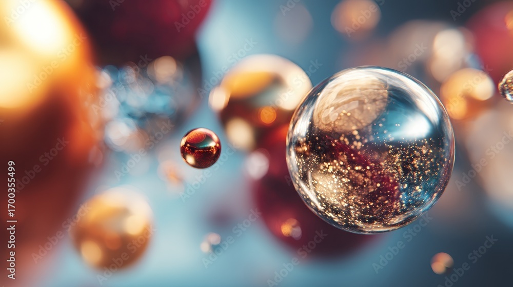 Poster abstract background with floating glass spheres and metallic bubbles containing sparkling golden gli