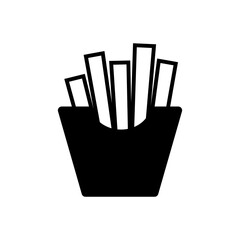 Simple black and white illustration of a container filled with french fries.
