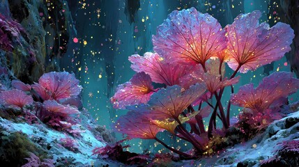 Glowing plant formations in a mystical cave