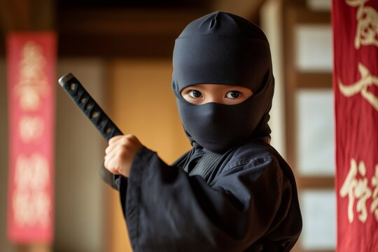 Portrait of a child wearing ninja clothes holding a katana, practicing martial arts in a traditional Japanese dojo