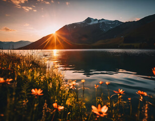Sunrise or sunset over mountain lake reflection in water picturesque natural landscape