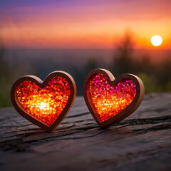 Wooden hearts with sunset bokeh.  
