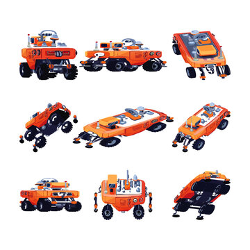 Pixel art Mars rover sprite sheet. Sci-fi robotic vehicle for space exploration in different angles. Isometric futuristic transport game asset.