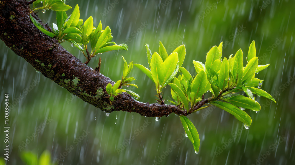 Poster lush green leaves glisten with raindrops on tree branch, creating serene and refreshing atmosphere. 
