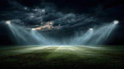 Dramatic sports field illuminated by floodlights under moody sky, creating intense atmosphere perfect for thrilling game. grass appears lush and well maintained, enhancing scene excitement