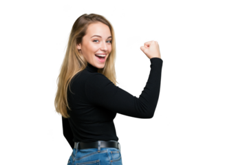 Woman flexing arm in black turtleneck isolated on transparent background