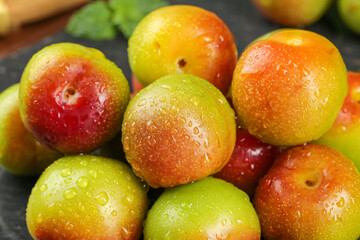 Fresh Colorful Plums with Water Drops - Ripe Stone Fruit Collection