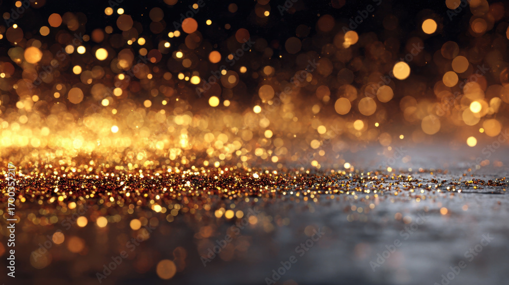 Poster shimmering golden particles create mesmerizing background filled with vibrant bokeh effects, evoking