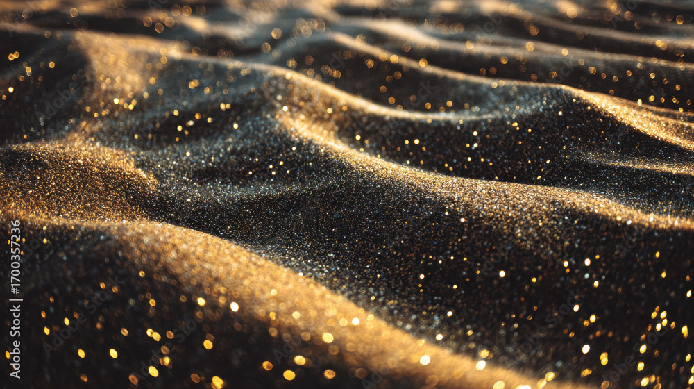 Poster golden sand glistens under sunlight, creating mesmerizing texture with soft waves and sparkling part