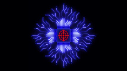 Futuristic A I Processor With Red Target Symbol Glowing Blue Circuitry Data Flow Network Connection - Powered by Adobe