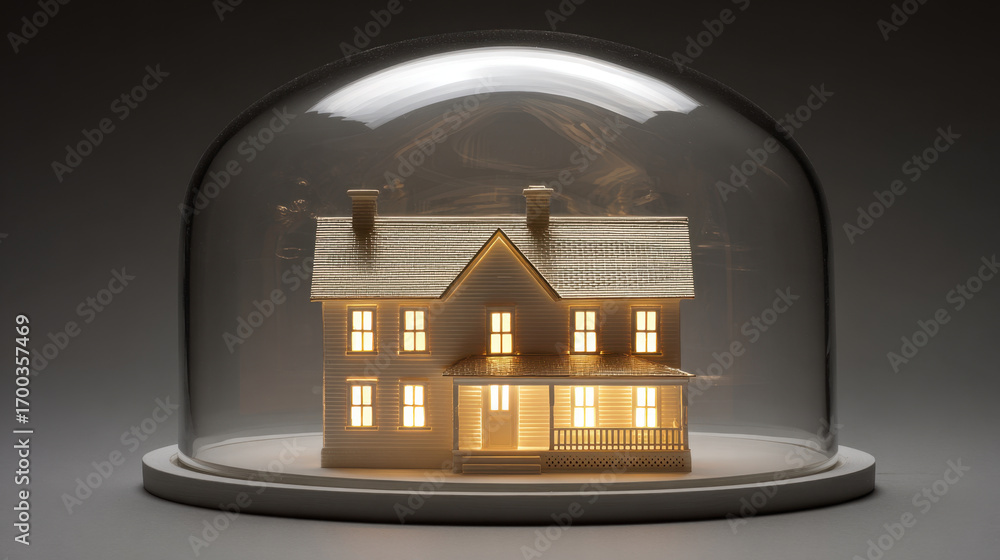 Poster miniature house under glass dome, illuminated from within, creating warm and inviting atmosphere. in
