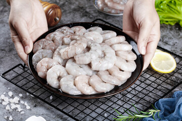 Fresh Raw Shrimp in Pan Ready for Cooking with Sea Salt and Lemon