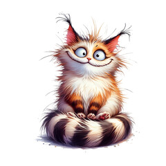 A small, furry animal with a nut on its head is sitting on a white background