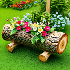 Wooden log with flowers, and garden decor.  