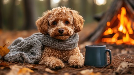 Adorable apricot toy poodle dog wearing a cozy scarf lies near a campfire in an autumn forest.