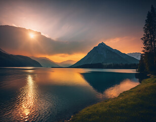 Sunrise or sunset over mountain lake reflection in water picturesque natural landscape