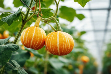 Two Decorative Pumpkins Hanging on a Vine in a Greenhouse, Showing Natural Beauty