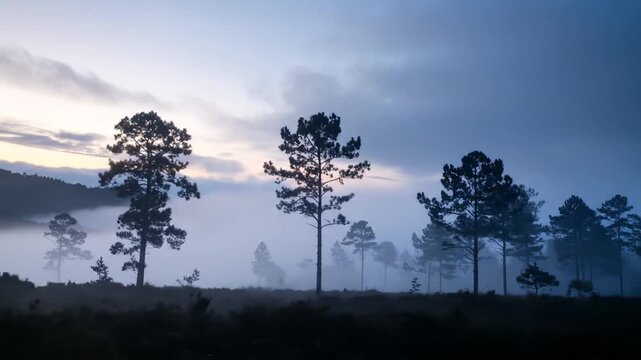 Ethereal Dawn: Misty Landscape with Silhouetted Trees and Atmospheric Fog