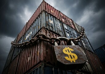 Global Economy Security Stacked Shipping Containers with Dollar Sign Lock