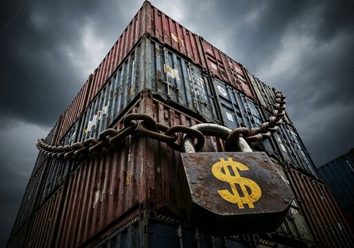 Global Economy Security Stacked Shipping Containers with Dollar Sign Lock