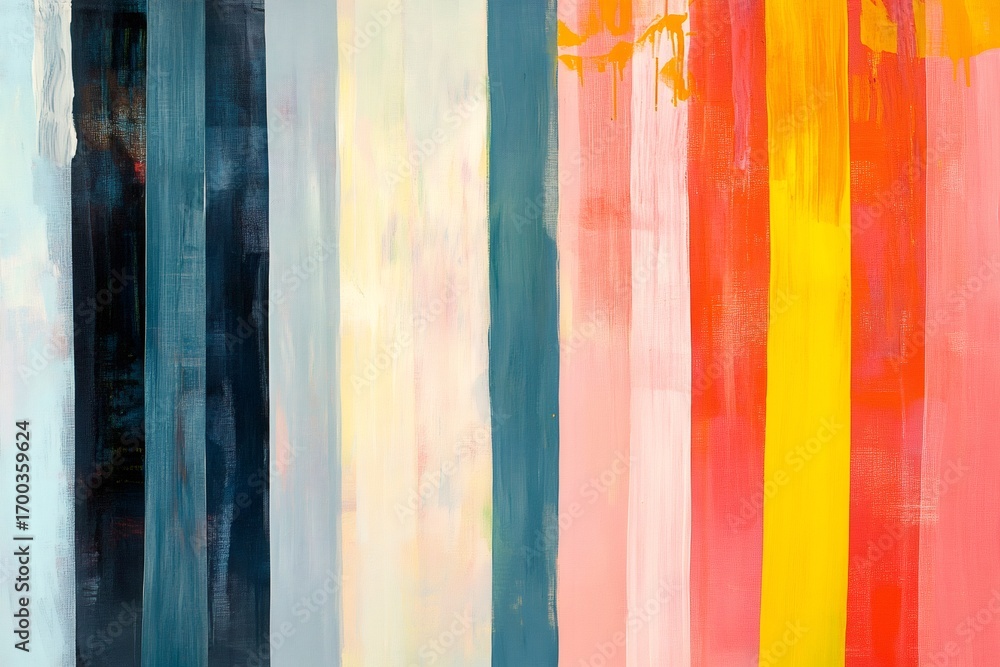 Poster minimalist abstract painting showcasing a series of vertical stripes in various colors, creating a v