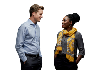 Smiling multicultural business colleagues having a friendly conversation, isolated on transparent background