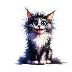 A young, cute, black kitten with big eyes and fluffy fur sits isolated on a white surface, looking like a baby mammal