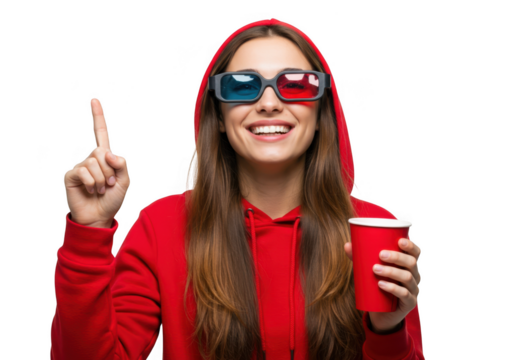 Woman in red hoodie wearing 3d glasses holding a red cup isolated on transparent background