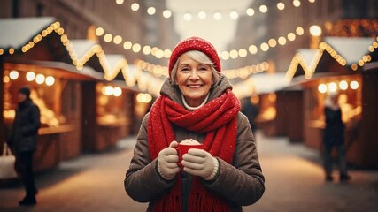 Cheerful Senior Woman in Red Hat and Scarf Enjoying Hot Beverage at Festive Winter Market with Holiday Lights and Snowfall