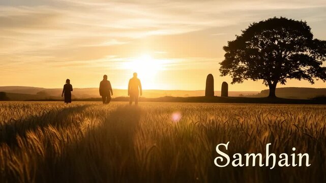A tranquil sunset scene at Samhain, highlighting two silhouetted figures walking through golden fields, with standing stones and a large tree in the background.
