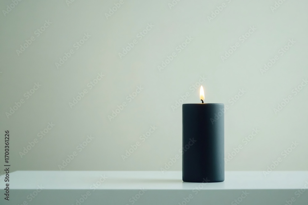Poster black pillar candle burning on a white surface against a minimalist sage green backdrop, creating a 