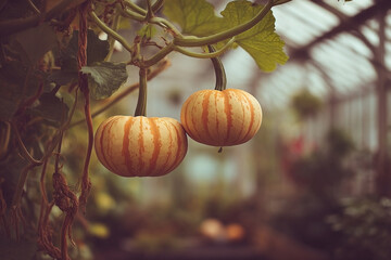 Two miniature pumpkins hanging with stems in a greenhouse garden setting