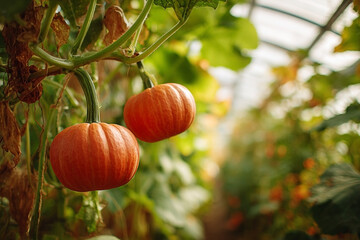 Maturing pumpkins hanging on vine in organic garden showcasing autumn harvest