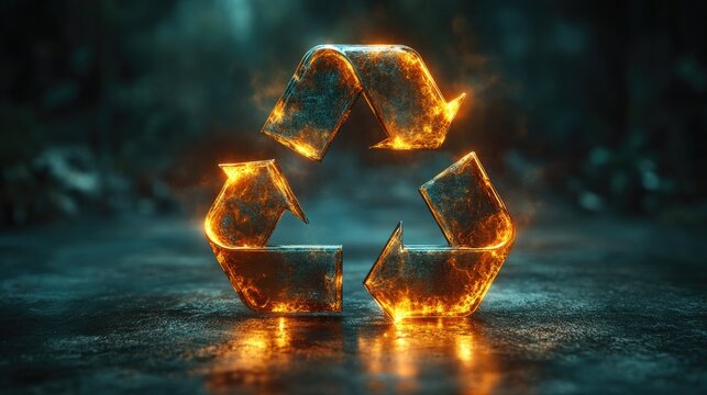 Abstract metallic recycle symbol with flames on dark surface.