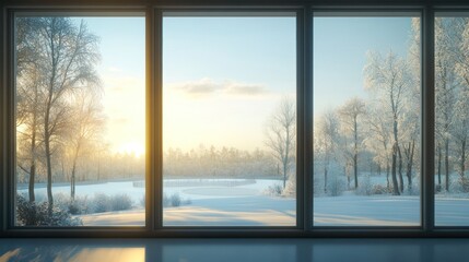 Fototapeta premium Winter sunrise through large windows