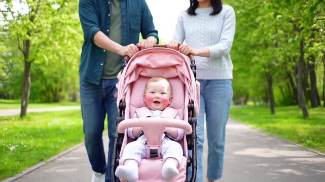 Smiling baby sitting in stroller during a walk in the park, parents pushing pram on sunny day, lifestyle family moment video