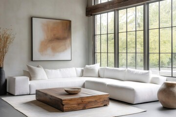 Modern minimalist living room with white sectional sofa, wooden coffee table, and large windows showcasing natural light and greenery