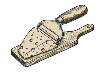 Illustration Of Cheese Slicer With Cheese On Wooden Board And Transparent Background