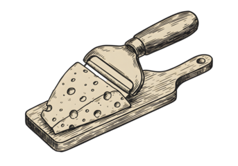 Illustration Of Cheese Slicer With Cheese On Wooden Board And Transparent Background