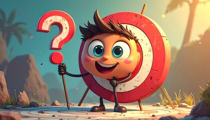 A cheerful cartoon character, shaped like a target, holds up a large question mark against a backdrop of rocks and palm-like trees.