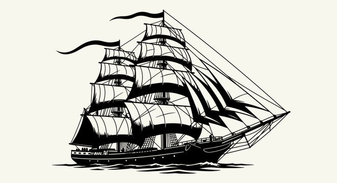 Vintage black and white illustration of a large sailing ship.