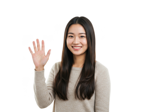 Young asian woman waving hello isolated on transparent background