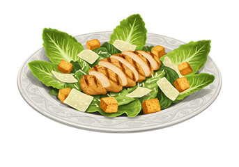 Illustration of Chicken Caesar Salad on Plate Isolated on Transparent