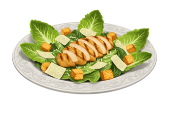 Illustration of Chicken Caesar Salad on Plate Isolated on Transparent