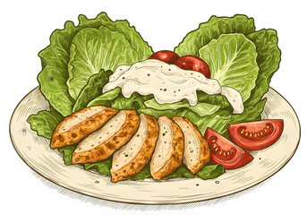 Illustration Of Chicken Salad With Tomatoes And Lettuce On Plate