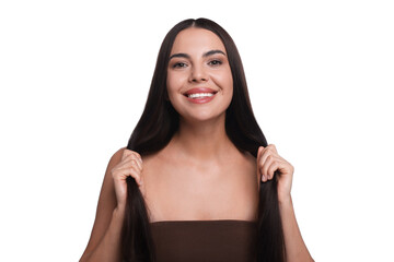 Woman with beautiful smooth hair after lamination procedure on white background